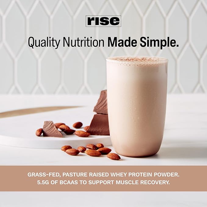Rise Grass-Fed Whey Protein Powder - Chocolate Almond | 25g Protein No Artificial Flavors, Colors, or Preservatives - Sugar Free, Gluten-Free, Soy Free (2.4 lbs)