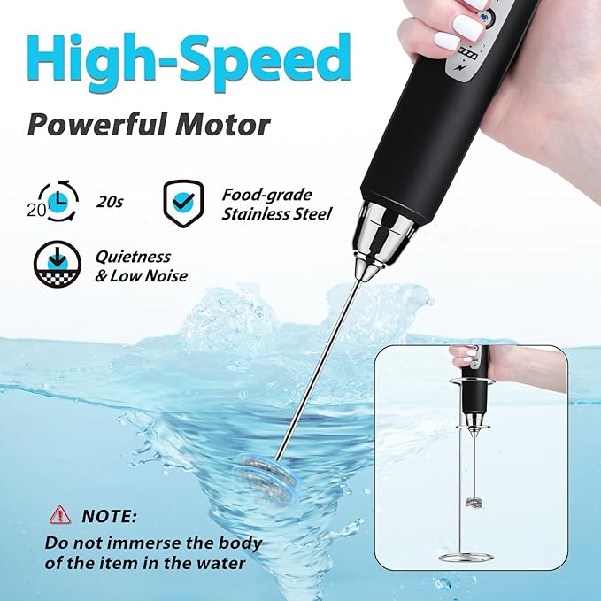 Milk Frother with Stand Rechargeable-Handheld Coffee Frother with 3 Stainless Whisks 3 Speed Adjustable, Electric Whisk Drink Mixer, Foam Maker Blender for Matcha Latte Cappuccino Chocolate