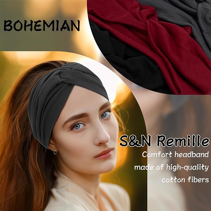 S&N Remille Wide Headbands for Women, Large Hairband, Elastic Non-Slip Headband Twist Knotted Accessories, Yoga Workout Vintage Hair 3 Pack (Colour-6)