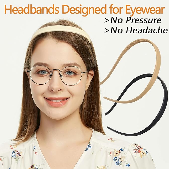 3 Pcs Flex No Pressure Headbands for Women Glasses Wearers - Comfortable Thin Plastic Headbands with Teeth (White, Khaki, Black)