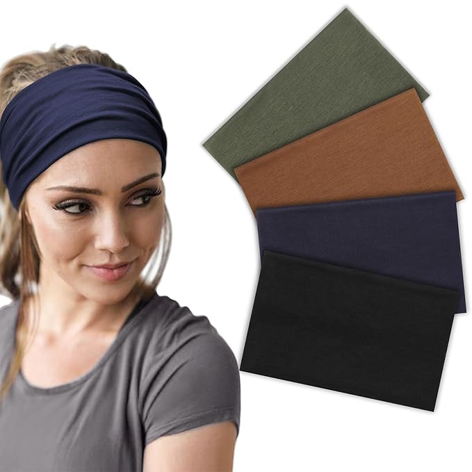 DRESHOW Wide Headbands for Women Elastic Turban Hair Bands Boho Head Bands for Women's Hair Non-Slip Yoga Workout Hairband Girls Accessories 4 Pack