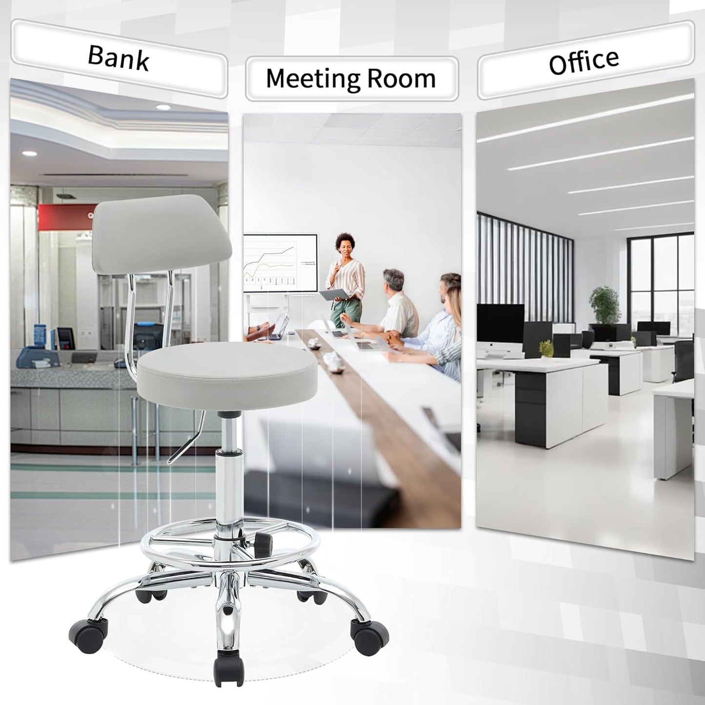 Drafting Stool (Height Adjustable Office Chair with Footrest 19.5’’-26.6’’)(Drum Stool with Back) Space Saving Tattoo Chair (Gray)