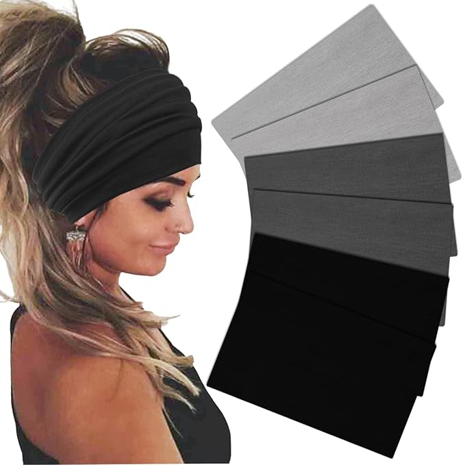 Wide Headbands For Women Stretch Headband Boho Head Bands Women's Hair Band Turban Workout Hairband Accessories Black Gray 6 Pack