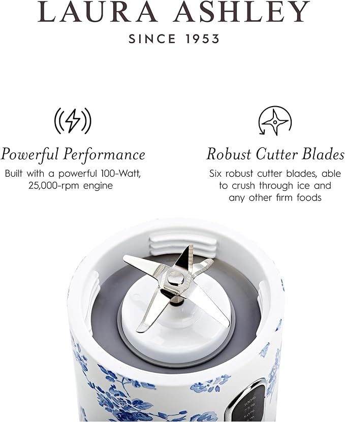 Laura Ashley Portable Blender by VQ - Compact, Powerful & Easy to Use USB Rechargeable Mini Blender for Smoothies and Shakes With 450 mL Bottle - for Kitchen/Gym/Travel