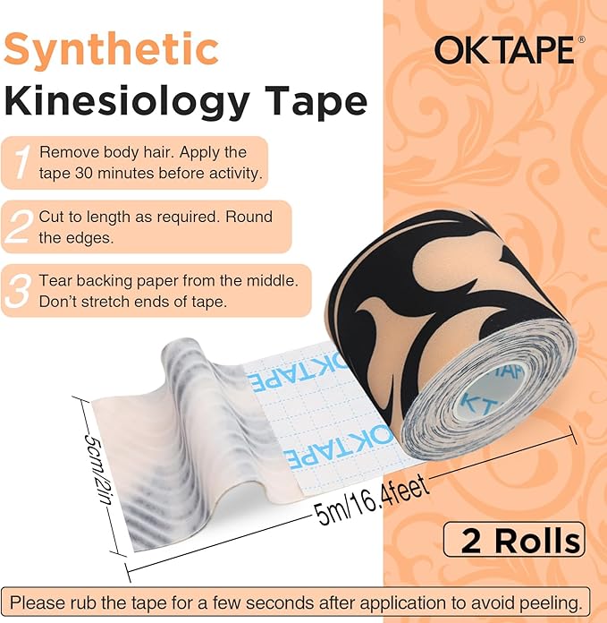 OK TAPE Synthetic Kinesiology Tape, Elastic Physical Therapy Athletic Tape for Pain Relief & Muscle Support, Uncut Kinetic Tape, 2in x 16.4ft- 2 Rolls (Flower)