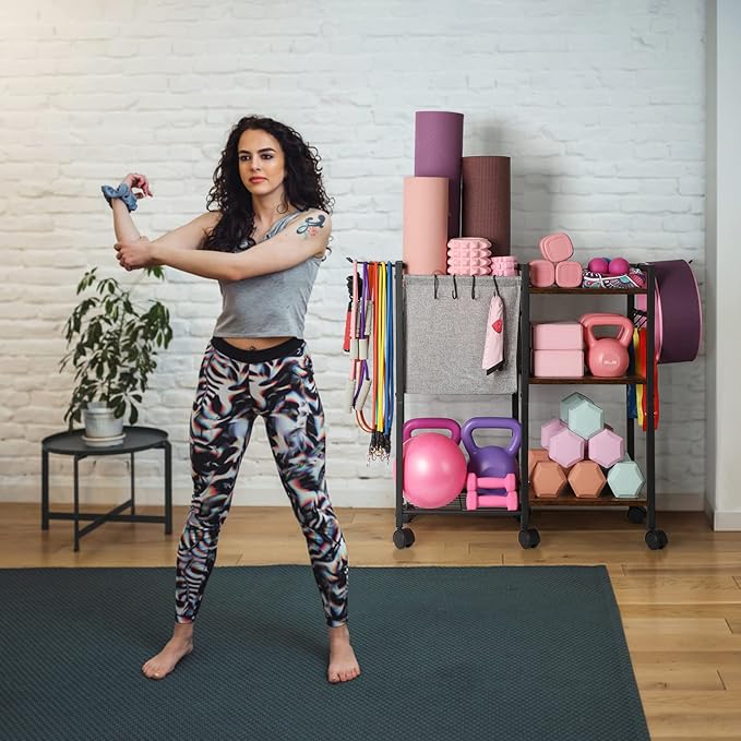 Yoga Mat Storage Rack Home Gym Equipment Organizer Holder for Foam Roller Dumbbells Kettlebells Resistance Bands and More Accessories Women Men Workout Organization with Hooks Wheels (Black)