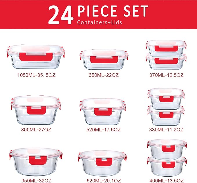 M MCIRCO 24-Piece Glass Food Storage Containers with Locking Lids,Glass Meal Prep Containers Set - Airtight Lunch Containers, Microwave, Oven, Freezer and Dishwasher, Red