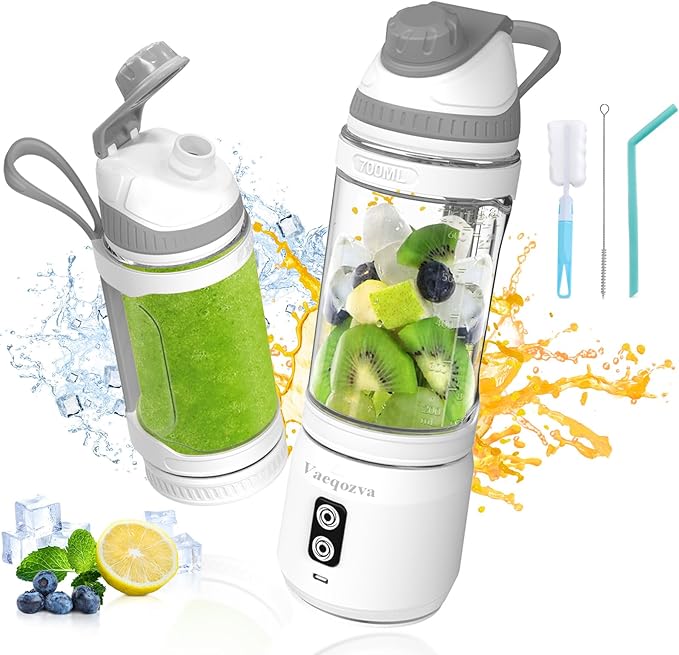 Portable Blender, Portable Personal Blender Smoothies 24oz 300W Travel Blender USB-C Rechargeable Blender Portable Blending Shakes Frozen Drinks BPA-Free Gym/Kitchen(Grey White)