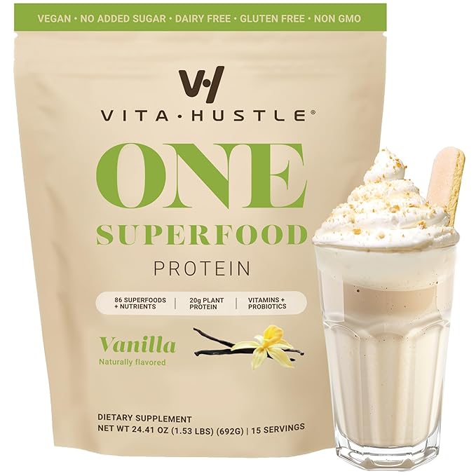VitaHustle ONE Meal Replacement Shake - Plant Based Protein Powder by Kevin Hart - Vegan, Meal Replacement Powder with Superfoods, Vitamins, Adaptogens & Probiotics -Vanilla Flavor, 15 Servings