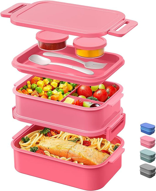 DaCool Adults Bento Box Lunch Box - Stackable All-in-One Leakproof Bento Lunch Box for Adults Women Girls 74 OZ Large Lunch Containers with Fork Spoon Sauce Boxes for Work School Dining Out, Pink