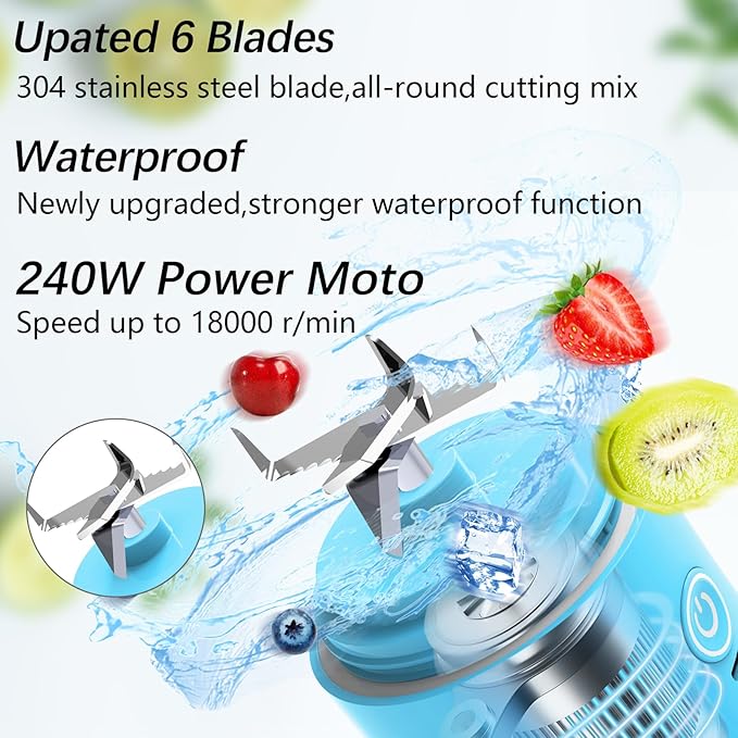 Portable Blender, Personal Size Blender for Shakes and Smoothies, Waterproof 20OZ USB Rechargeable Mini Blender Cup with 6 Sharper Blades 240W powerful Hand-held Blender for Kitchen/Home/Travel, Blue