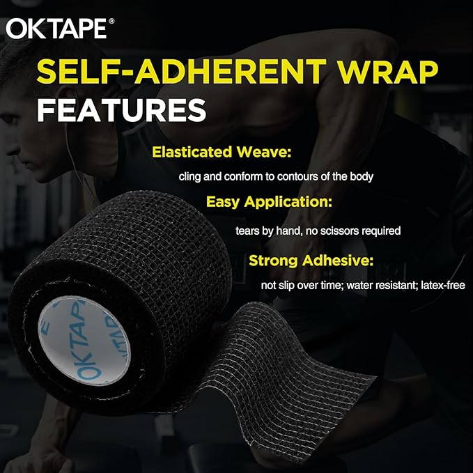 OK TAPE 12 Rolls Self Adhesive Bandage Wrap, Elastic Athletic Tape, Self Stick Bandage Tape, Vet Wrap, Medical Wrap for Wrist, Feet, 2" x 5 Yards - Black