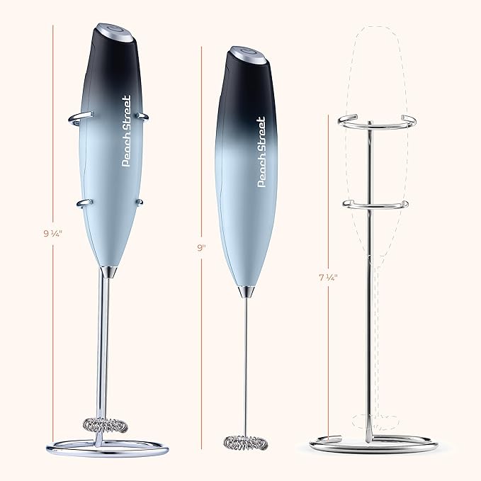 Powerful Handheld Milk Frother, Mini Milk Foamer, Battery Operated (Not included) Stainless Steel Drink Mixer with Frother Stand (Dark Sky)