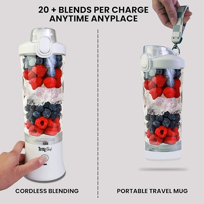 Total Chef Portable Blender - USB Rechargeable Personal Smoothie Mixer, Protein Shake Maker, Cordless Travel Mini Licuadora, Blend Frozen Fruit, Drink Milkshake On The Go,Ice Crusher 20 OZ, White