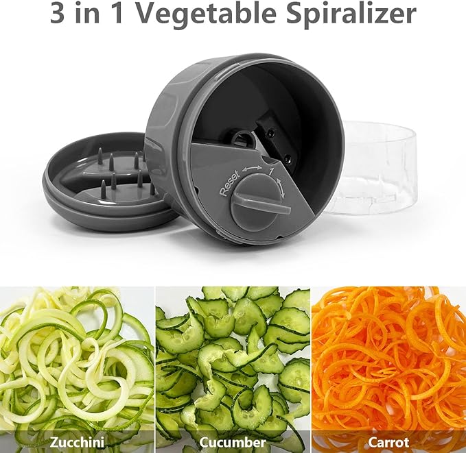 3 in 1 Vegetable Spiralizer Slicer, Adjustable Zucchini Carrot Noodle Maker, Cucumber Spiral Cutter, Easy to Use Kitchen Tool(Dark Grey)