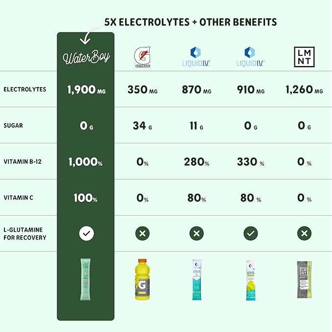 Waterboy Workout Hydration | 2,960mg Sugar Free Electrolyte Powder Packets | L-Glutamine + Vitamins | No Sugar, All Natural, Gluten Free (Variety)