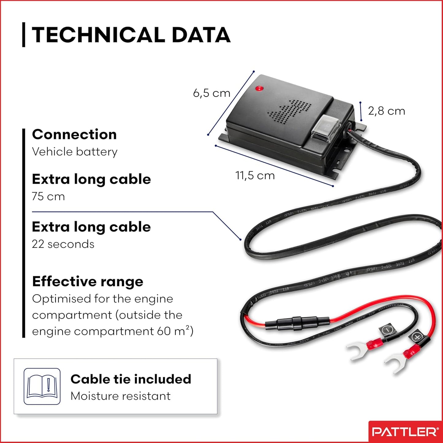 PATTLER® Marten Repellent for Car Engines - Ultrasonic Marten Repeller Under Hood for Immediate and Long-Term Protection Against Martens. Marten Deterrent for Cars Powered by 12V Car Battery - 2 Unit
