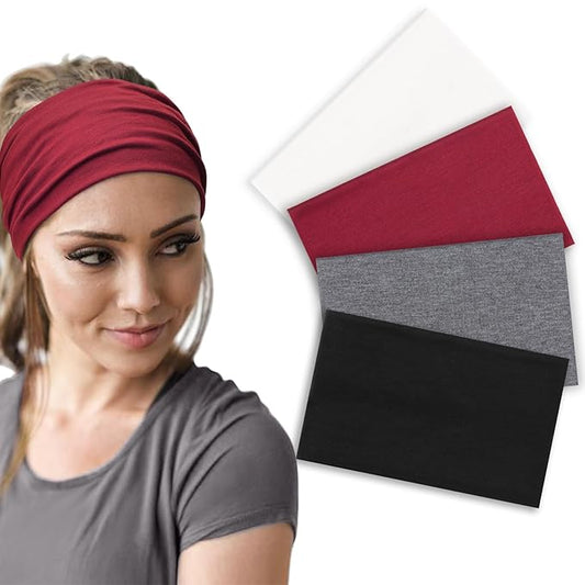 DRESHOW Wide Headbands for Women Elastic Turban Hair Bands Boho Head Bands for Women's Hair Non-Slip Yoga Workout Hairband Girls Accessories 4 Pack
