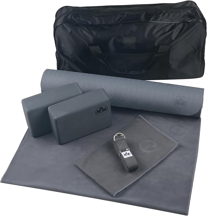 Clever Yoga - 7 Piece Yoga Kit for Women & Men, 6mm Cushioned Mat, 2 Blocks, Strap, Mat and Hand Towels & Carrying Bag - Starter Yoga Set, Accessories & Equipment for Home Workout