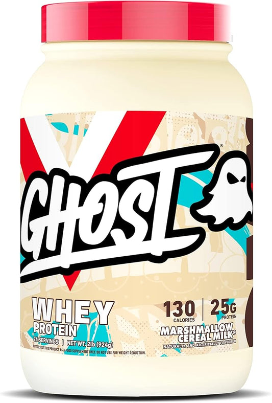 GHOST Whey Protein Powder, Marshmallow Cereal Milk - 2LB, 25G of Protein - Whey Protein Blend - Post Workout Fitness & Nutrition Shakes, Smoothies, Baking & Cooking - Soy & Gluten-Free