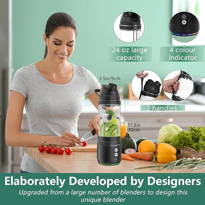 Portable Blender for Shakes and Smoothies, 24oz 300W Travel Blender USB Rechargeable Type-C 6000 mAh Personal Blender for Smoothies Protein Shakes with a Travel Lid & BPA Free Bottle(Black)