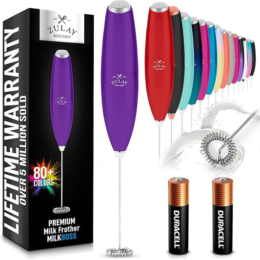 Zulay Kitchen Milk Frother Wand (2 Batteries Included) - Easy-Clean Drink Mixer - Electric Coffee Frother for Frappe, Matcha - Deep Purple