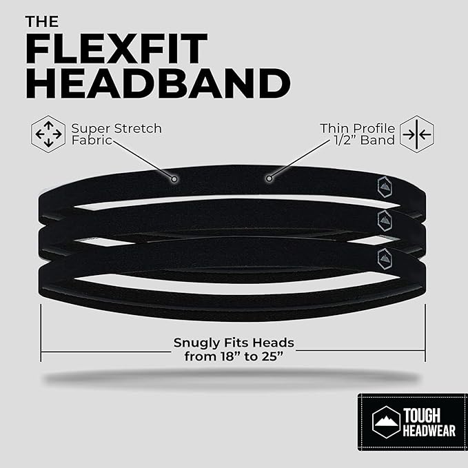 Tough Headwear Thin Elastic Headbands for Men - Sports Hair Head Band for Women & Men - Non Slip Mens Workout Headband - Running or Soccer Headband - 6-Pack