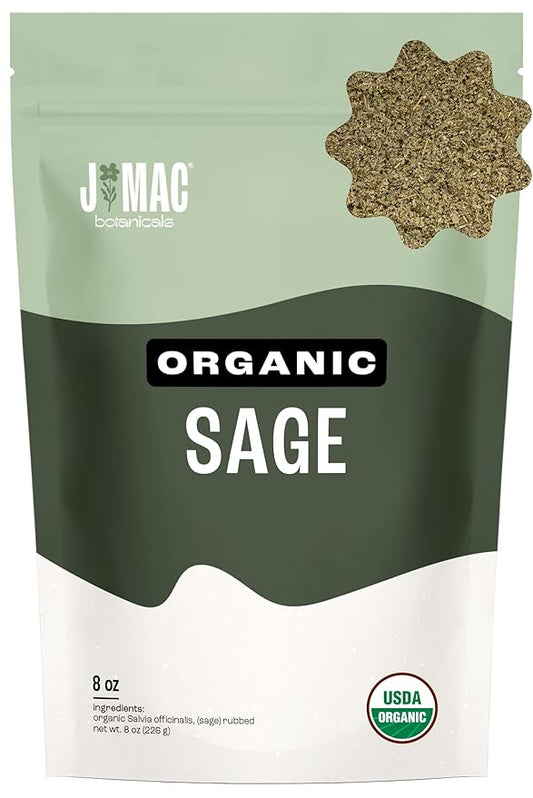 J Mac Botanicals, Organic Rubbed Sage (8 oz), Certified USDA Organic, Dried Rubbed Sage Leaf. Culinary Grade-excellent for sausage making, fresh Albanian harvest