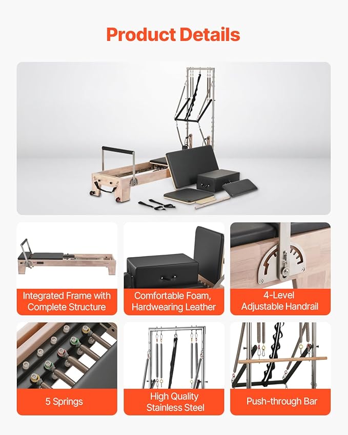 VEVOR Pilates Reformer Machine, Pilates Workout Equipment for Home Gym Studio Use, Pilates Bed with Dual Resistance- Spring & Cord, Reformer Set, Up to 400 LBS