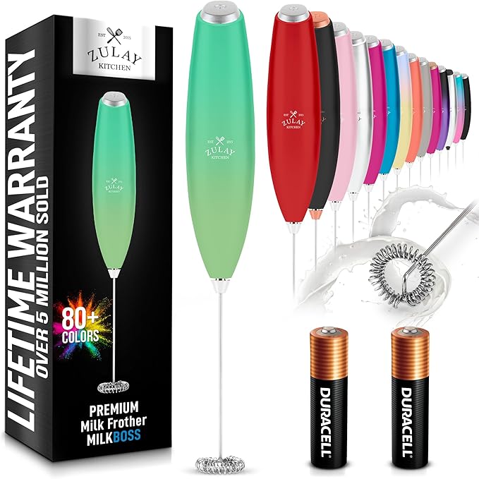 Zulay Kitchen Milk Frother Wand (2 Batteries Included) - Easy-Clean Drink Mixer - Electric Coffee Frother for Frappe, Matcha - Ocean Spray