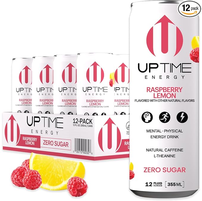 UPTIME Energy Drink, Raspberry Lemon Sparkling, 12 Pack, Vitamin C, L Theanine, Calcium, Sugar Free Energy Drinks for Focus Support, 142mg of Natural Caffeine, 5 Calories, Natural, 12 fl oz Cans