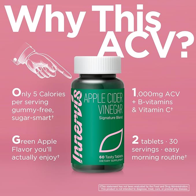 Apple Cider Vinegar 1000mg – Signature Blend with B Vitamins (B1, B2, B6, Niacin & Folate) + Vitamin C – Appetite & Metabolism Support – Green Apple Flavor–Only 5 Calories–60 Tablets