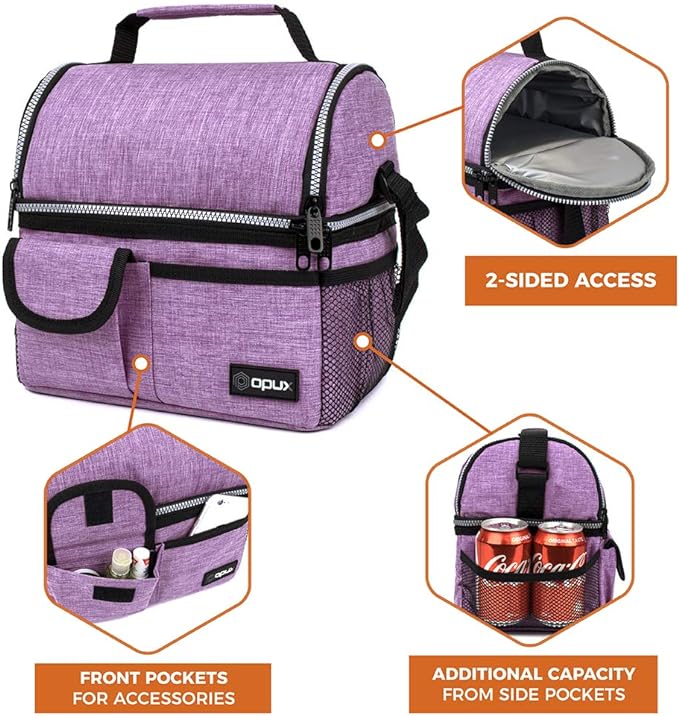 opux Lunch Bag Women Insulated, Adult Lunch Box Cooler, Lunch Box for Men, Dual Compartment Lunchbox for Work, Leakproof Double Decker Lunch Bag, Soft Lunch Pail Tote Girls Boys Kids School, Purple