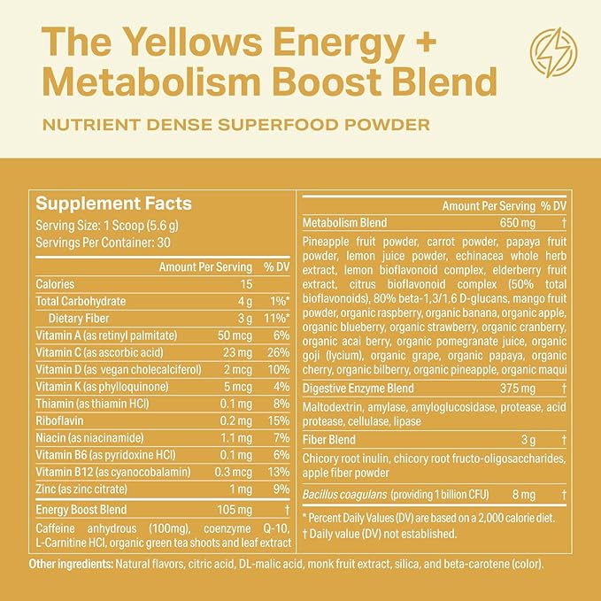 Proper, The Yellows Metabolism and Energy Boost, Sugar Free Energy Drink Powder with 100mg Caffeine. No Creatine or Beta-Alanine. 30 Servings, Pineapple Mango Drink Mix for Men and Women