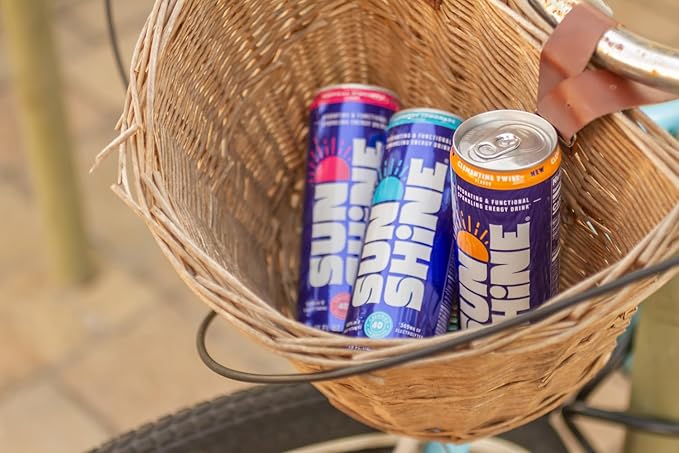 Sunshine Sparkling Energy Drink, Black Cherry with Daily Essential Vitamins, 360mg of Electrolytes, 70mg of Natural Caffeine, 12 Fl Oz (Pack of 12)