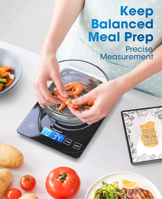 Nicewell Food Scale Digital Weight Grams and oz, 22lb Kitchen Scale for Cooking Baking, 1g/0.1oz Precise Graduation, Sleek Tempered Glass Platform (Black)