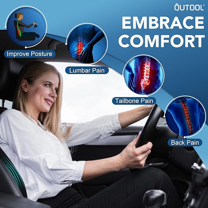 QUTOOL Lumbar Support Pillow for Car/Office Chair, Memory Foam Back Cushion for Car Seat, Back Pain Relief Adjustable Strap and Washable Cover, Lower Back Pillow Fits Most Cars, Trucks (Black)
