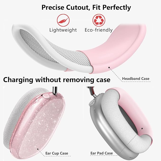 for AirPods Max Case Clear Pink Glitter,3 in 1 Clear Soft TPU Ear Cups Case Cover/Ear Pad Case Cover/Headband Cover for Airpods Max Case Cover,Case for AirPod Max Headphone Accessories-Pink