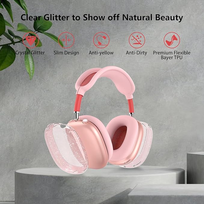 for AirPods Max Case Clear Pink Glitter,3 in 1 Clear Soft TPU Ear Cups Case Cover/Ear Pad Case Cover/Headband Cover for Airpods Max Case Cover,Case for AirPod Max Headphone Accessories-Pink