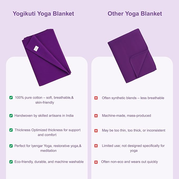 Yogikuti Iyengar Cotton Yoga Blanket Set of One – Thick Handwoven Yoga Blankets for Restorative Yoga, Meditation & Pranayama – Premium Cotton Yoga Blanket for Support & Comfort in Pranayama (Purple)
