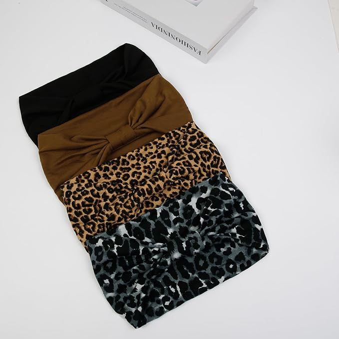 Wide Headbands for Women Black Stylish Head Wraps Boho Thick Hairbands Large African Leopard Printed Sport Yoga Turban Headband Hair Accessories (Pack of 4)