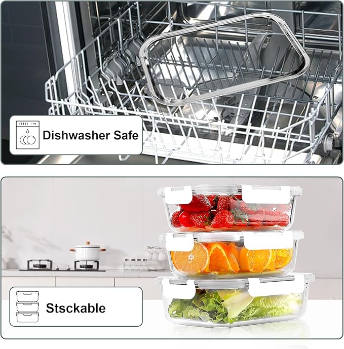 VERONES 10 Pack 22 OZ Glass Meal Prep Containers, Airtight Glass Lunch Containers Set,Glass Food Storage Containers with Lids,BPA Free, for Microwave, Oven, Freezer & Dishwasher Friendly,White