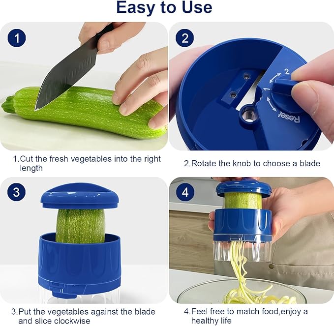 3 in 1 Vegetable Spiralizer Slicer, Adjustable Zucchini Carrot Noodle Maker, Cucumber Spiral Cutter, Easy to Use Kitchen Tool(Blue)