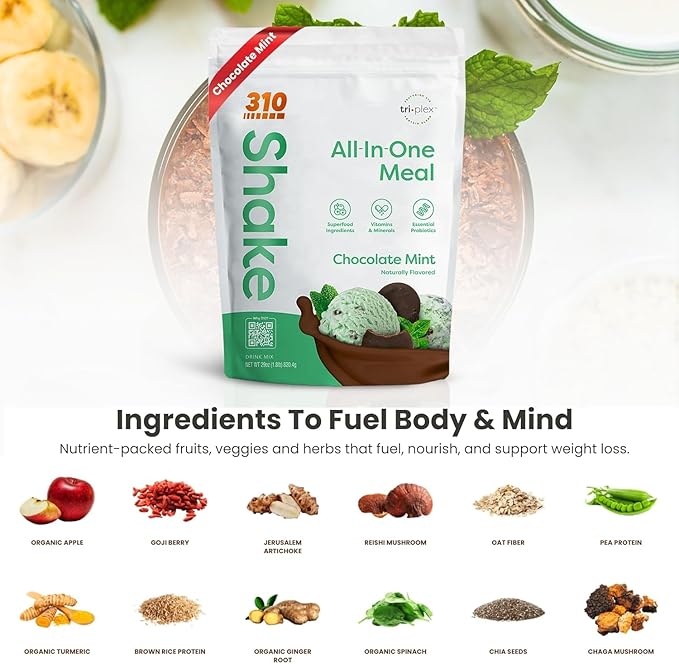 310 Nutrition All-In-One Meal Replacement Shake Powder - Plant-Based Protein Smoothie Blend w/High Fiber, Probiotics & Adaptogens - Low Carb, Vegan, Keto & Paleo Friendly - Chocolate Mint - 28 Srv