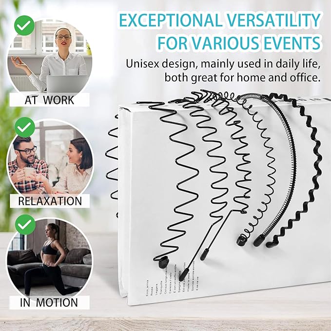 Metal Headband for Men, Unisex Black Wavy Spring Hair Band, Zig Zag Hair Dand, Fashion Elastic Hair Accessories, Multipack Options Available(8pcs)