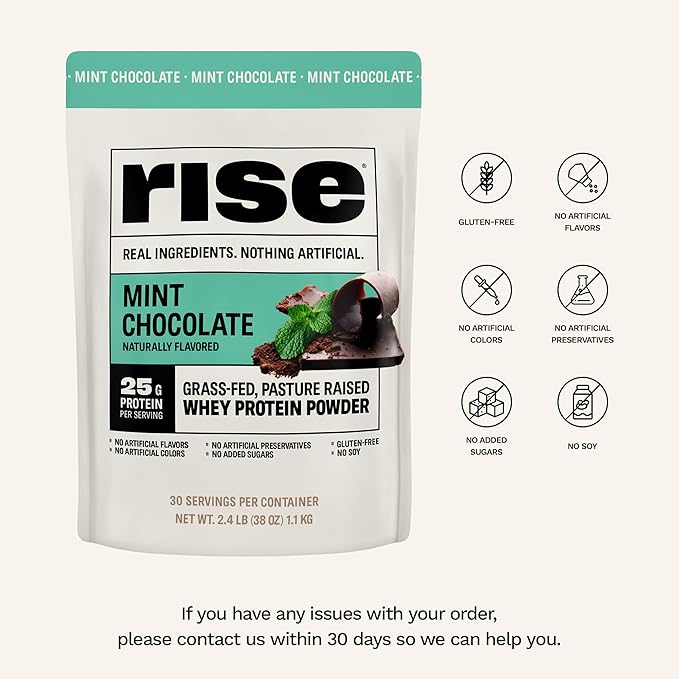 Rise Grass-Fed Whey Protein Powder - Mint Chocolate | 25g Protein No Artificial Flavors, Colors, or Preservatives - Sugar Free, Gluten-Free, Soy Free (Single Serving, 1 Pack)
