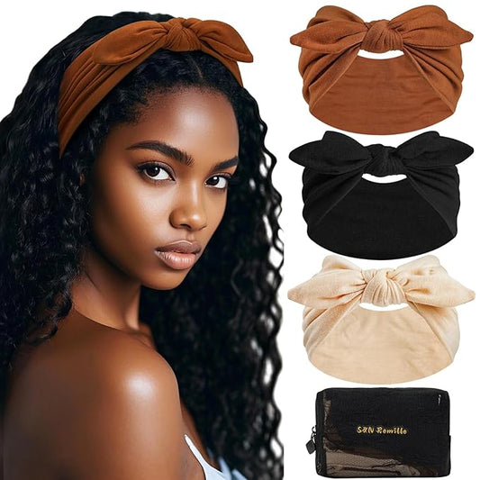 S&N Remille Wide Headbands for Women, Large Hairband, Elastic Non-Slip Headband Twist Knotted Accessories, Yoga Workout Vintage Hair 3 Pack (Multi-colored-5)