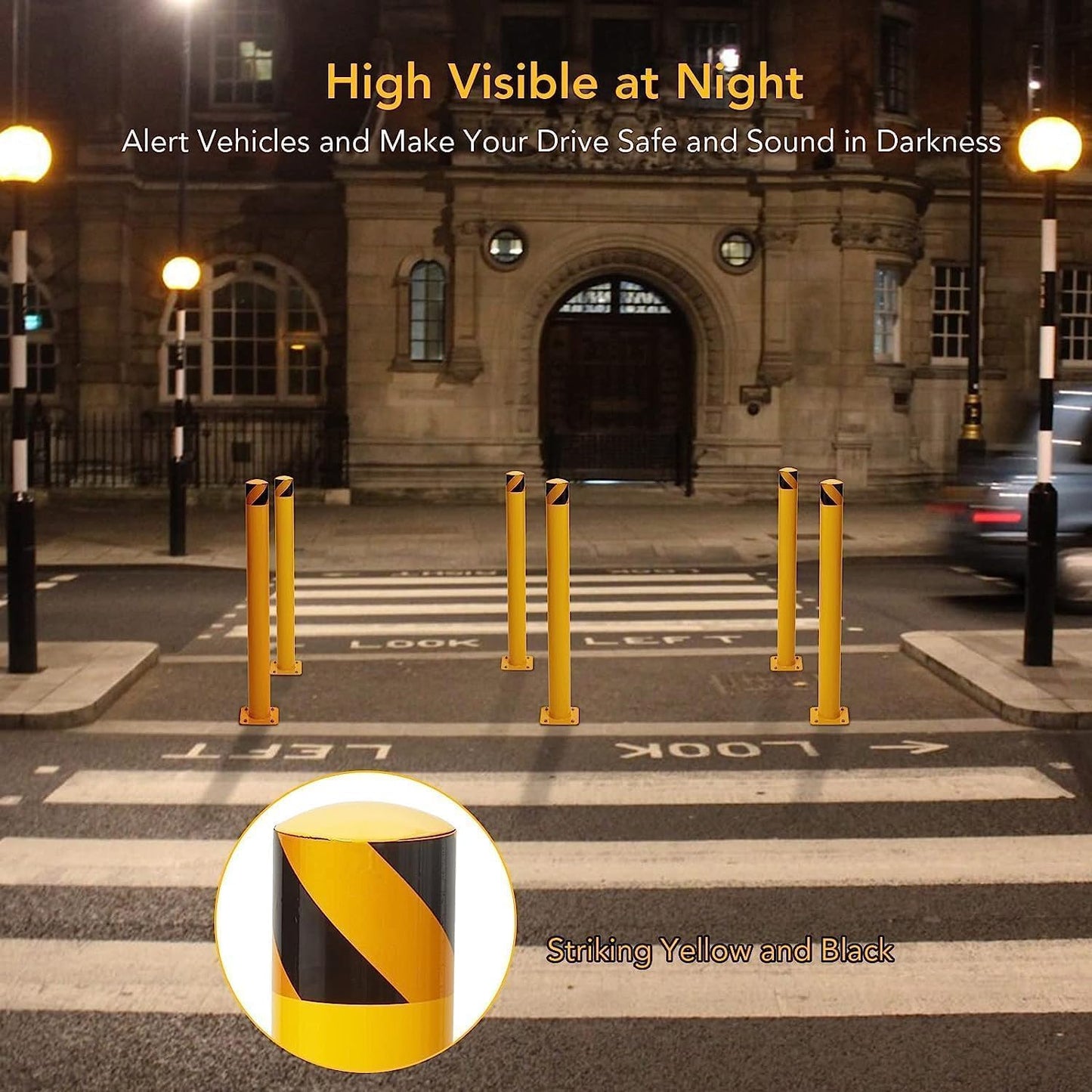 4 Pcs Safety Bollard,42 Inch High Heavy-Duty Yellow Safety Bollard Steel Posts,4.5 Inch Diameter,Safety Bollard with 16 Anchor Bolts - Ideal for Traffic Control, Driveway Barriers,Parking Poles