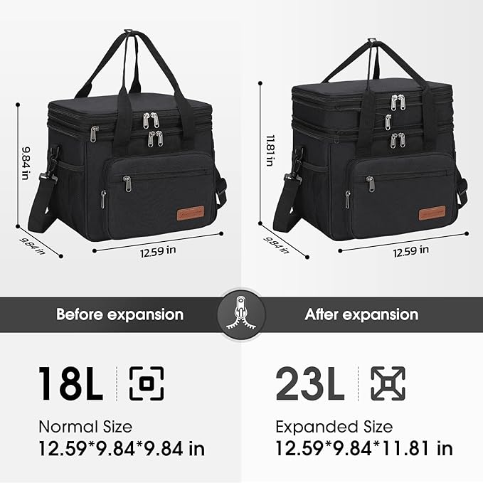 Maelstrom Lunch Box, 23L Insulated Lunch Bag, Expandable Double Deck Cooler Bag, Lightweight Leakproof Tote Bag With Side Tissue Pocket, Suit For Men and Women, Black