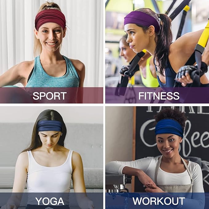 12 Pack Wide Headbands for Women No slip Stretchy Boho Hair Bands, Soft Elastic Yoga Workout Running Thick Wicking Sweat Bands Solid colors Head Wrap